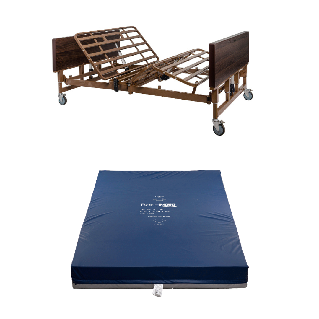 A Dynarex Bari+Max Bariatric HD Full-Electric Bed frame with adjustable head and foot sections is displayed above a blue medical mattress, both shown separately on a white background.